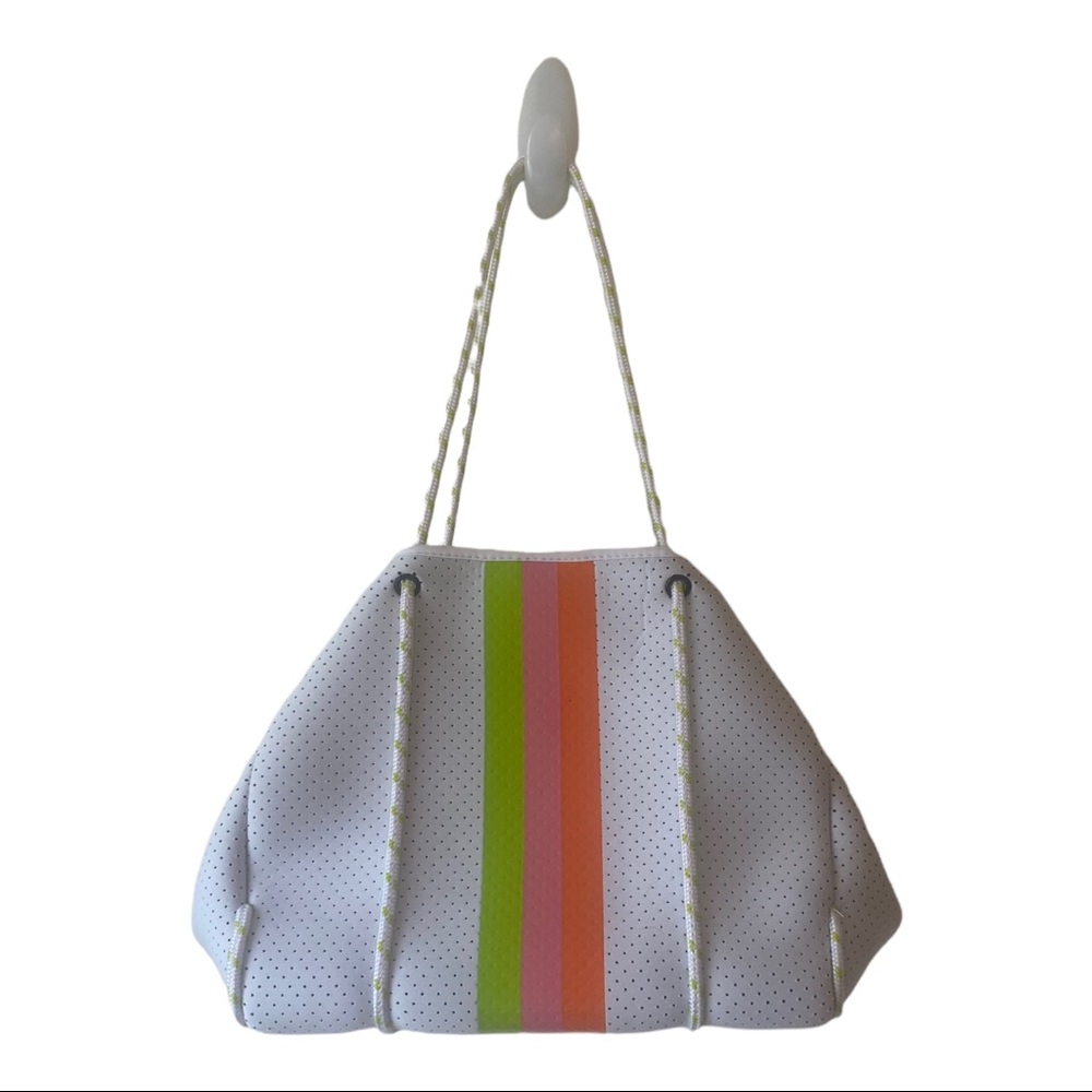 Social Threads White Neon Stripes neoprene Tote with Pouch Rush Sorority